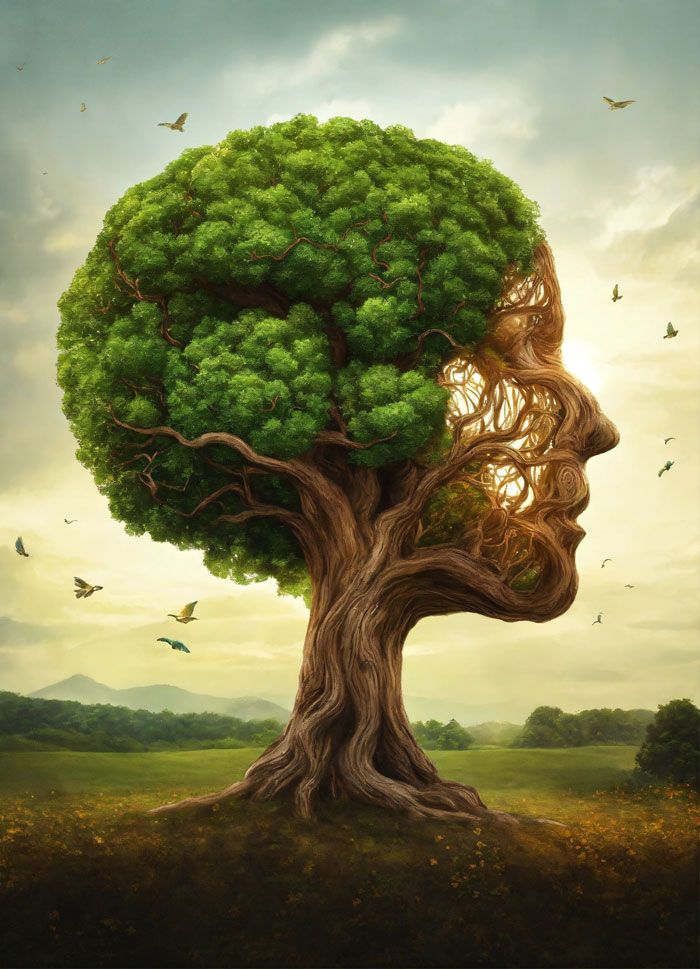Un arbre en forme de tête représente l'anxiété